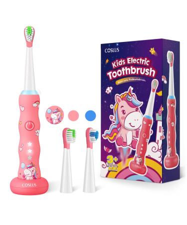 Kids Sonic Rechargeable Electric Toothbrush: Interactive Smart LED Light Toddler Silicone Tooth Brush with 3 Cleaning Modes 2 Minute Timer IPX7 Waterproof 2 Soft Bristles Heads for Boys Girls Ages 3+ Pink