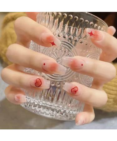 MERVF Coffin Press on Nails Glossy Medium Fake Nails Red Gradient Ballerina False Nails Red Heart Print Nails 24pcs Acrylic Nails with Glue for Women and Girls 11-D
