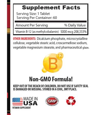 b12 with methylcobalamin - METHYLCOBALAMIN VITAMIN B-12 5000 - anti aging vitamins for women energy supplements powder pill energy vitamins for women over 50 endurance stamina - 1 Bottle 60 Tabs - Buy Online on GoSupps.com