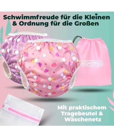 Kidverse 2 Set Swimming Diaper for Babies 0-3 Years | Skin-Friendly Reusable & Adjustable | Includes Bag & Laundry Net | Cute Rosa Hearts & Rainbow Design - Buy Online on GoSupps.com