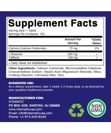 Vitamatic L-Theanine 200mg with Caffeine 100mg - Nootropic Supplement for Focused Energy | 120 Vegetarian Tablets - International Shipping Available - Buy Online on GoSupps.com