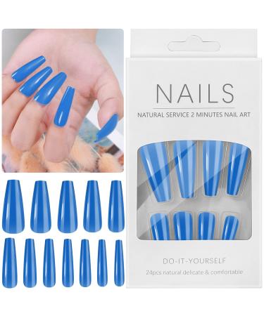 Cooserry Plain Long Press on Nails - 24pcs Glue on Nails Lasting Wear and Detachable - Coffin Nails Glossy Acrylic Nails for Women and Girls (Blue)
