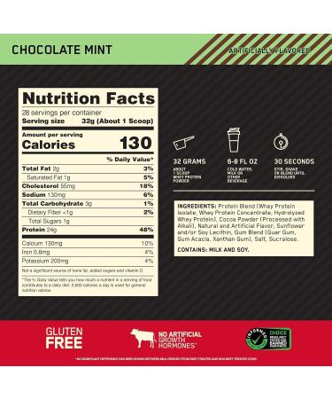 Gold Standard 100% Whey Protein Powder | Whey Protein Isolate Sourced | 24g Protein 5.5g BCAAs 11g EAAs | Low Carb Low Sugar Gluten Free | 28 Servings 2LB (Chocolate Mint) Chocolate Mint 2LB - Buy Online on GoSupps.com