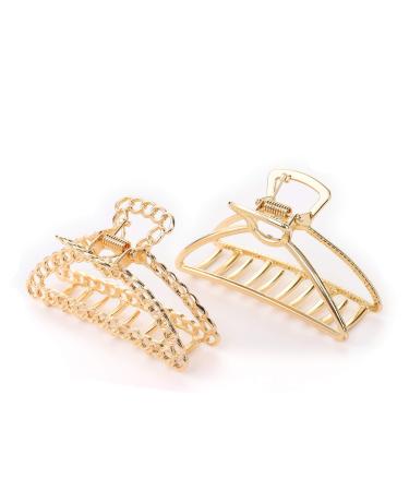 Textention Metal Hair Clips Hair Catch Barrette Jaw Clamp for Women Girls Half Bun Hair Claw Clips for Thick Hair (2 Pack) Pattern B: Gold + Silver