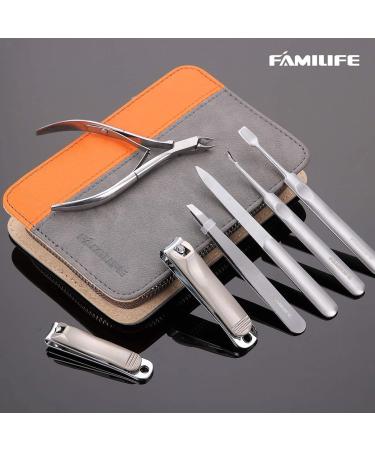 FAMILIFE 7PCS Manicure Set for Men - Professional Stainless Steel Nail Kit with Leather Travel Case - Grooming Gift Set in Gray and Orange - Buy Online on GoSupps.com