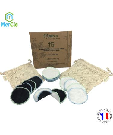 Washamms on both sides |16 reusable bamboo cosmetic pads + 2 cotton bags (wash and store) |Ultraich make-up remover bamboo |Packaging made of recycling box