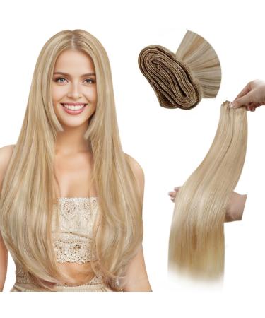 Laavoo 55cm hair extension Real hair for sewing blond highlight extensions weft real hair treats light blonde duplicate extensions real hair #p12/24 100g 55cm 1.24 #12/24