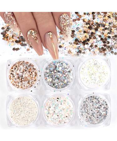 Holographic Nail Art Sequins Glitter Kits 6 Boxes 3D Nails Glitter Metallic Shining Flakes Acrylic Powder Dust Sequins for Nails Decoration Holographic Manicure Tips (Vintage Color)