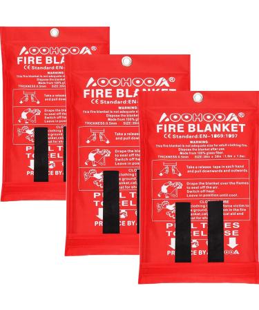 AOOHOOA Fire Blanket Fiberglass Emergency Fire Safety Blankets Flame Retardant Protection for Kitchen,Camping,Fireplace,Grill,Car,RV,Boat (3 Pack) 3 Pack 39'' X 39''