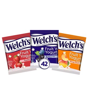 Welch's Fruit Snacks, Fruit 'n Yogurt Variety Pack, Strawberry, Blueberry Acai, Mango Peach, Bulk Pack, Individual Single Serve 0.7 oz Bags (Pack of 42) Strawberry, Blueberry Acai & Mango Peach 0.7 Ounce (Pack of 42)