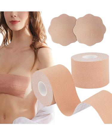 Breast Lift Tape for Large Breasts(2 Packs) Kinesiology Recovery Tapes Breathable Chest Support Tape for A-Dd and E Cup Big Size Athletic Tape Body Tape with 2pcs Reusable Nipple Cover Adhesive Bra