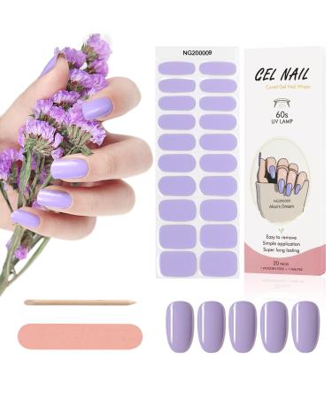Kalolary 20 Stickers Nail Gel Polish Strips Lavender Full Wraps Nail Polish Stickers Cured Gel Nail Strips Self-Adhesive Gel Nail Wrap Stickers Decals with Nail File and Stick(UV/LED Lamp Required)