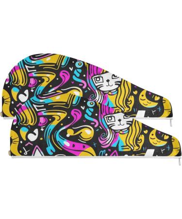 Super Absorbent Cat Graffiti Hair Towel 2 Pack | Quick Dry Hair Turbans for Women & Girls - Ideal Hair Drying Solution - Buy Online on GoSupps.com