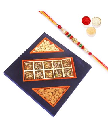 Ghasitaram Gifts Rakhi Gifts for Brothers Blue Velvet Tray of Sugarfree Bites Almonds and Cashew Pouches with Beads Rakhi Tray of Sugarfree Bite Almonds & Cashew with Rakhi