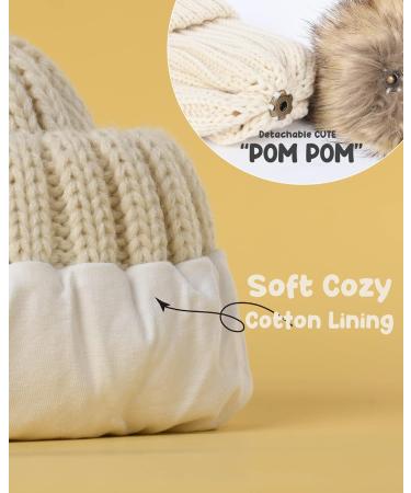 Fortalk Toddler Beanie Hat | Unisex Cotton Winter Pom Pom Hat for 3-24 Months | Beige with Artificial Fur Ball - Buy Online on GoSupps.com