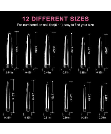 AORAEM Clear Extra Long Stiletto False Nail Tips 120 Pcs - 12 Sizes Acrylic Fake Nails - Buy Online on GoSupps.com