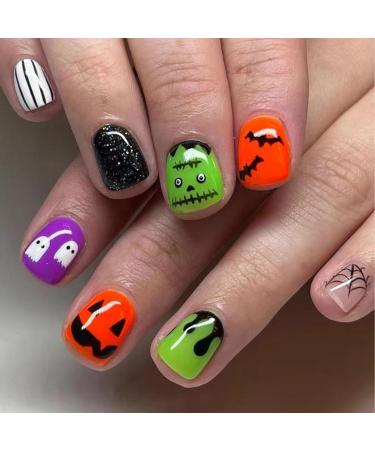 Halloween Fake Nails | Artificial Nails Full Cover Stick On Nails | Halloween False Nails Short Square Fake Nails False Nails With Spider Web Bat Ghost Glossy Design For Women Girls - Buy Online on GoSupps.com