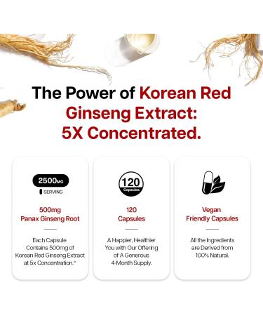 Just Glow Korean Red Ginseng 2500mg 120 Capsules - 5:1 Panax Ginseng Extract 500mg Per Serving - Standardized 7% Ginsenoside - Enhance Physical Performance & Increase Energy - 4 Months Supply - Buy Online on GoSupps.com