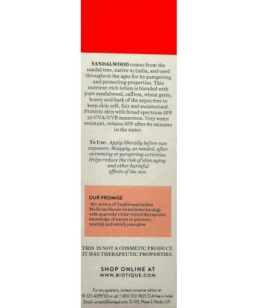 Bio Tique Bio Sandalwood Sunscreen SPF 50+ | Ultra Soothing Face Lotion | Water Resistant | Soft Fair & Moisturized Skin | 4.06 Fl Oz - Buy Internationally - Buy Online on GoSupps.com
