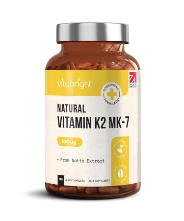 Vitamin K2 MK-7 - Optimal Strength 100mcg - from Natto - Sourced from Plant-Based Natural Ingredients - 120 Easy to Swallow Vegan Capsules (not Tablets) - Menaquinone-7 - Made in UK by VitaBright - Buy Online on GoSupps.com