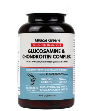 2000mg Glucosamine and Chondroitin Complex | Highest Strength Available with 10 Powerful Ingredients - Turmeric Curcumin Quercetin Bromelain Ginger MSM and More | 120 Capsules Made in UK