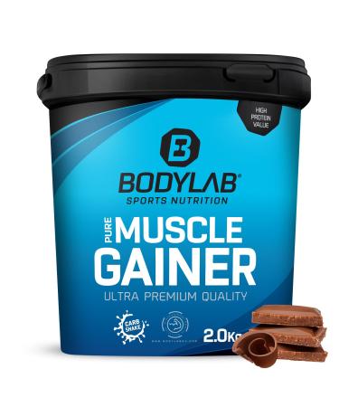 BODYLAB24 Pure Muscle Gainer Chocolate 2kg each 100g 33g of natural carbohydrates 40g protein and 12g fat enriched with creatine monohydrate perfect Weight Gainer Shake for mass structure