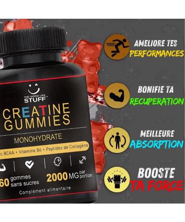 Creatine Monohydrate Gummies 2g/BCAA Pre Workout/Collagen/Vitamin B6/Bodybuilding/Sport/Fitness/Vegan/Gluten Free/Non-GMO/Sugar Free/Natural Red Fruit Flavoring/Women/Men/60 Gums Creatine/30 days - Buy Online on GoSupps.com