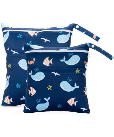 Pack of 2 Wet Bags for Kindergarten & Daycare - Organize Toddler Diapers Travel Gym Beach | Whales Design - Buy Online on GoSupps.com