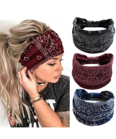 GORTIN Boho Headbands Leopard Hair Bands Knoted Turban Headband Stretch Twist Head Wraps Stripe Cloth Head Bands for Women and Girls 3 Pcs (Elegant)