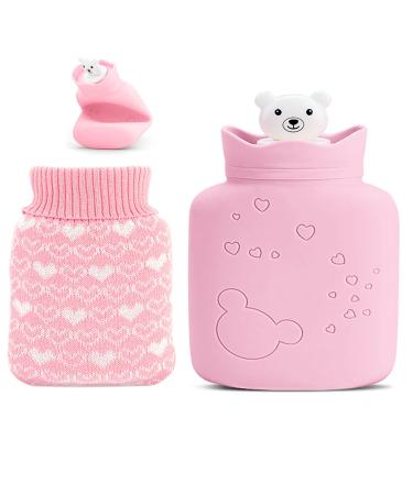 Mini silicone hot bottle hot water bottles with knitting cover turtleneck heat pillow safe and durable and free of pollutants Comfort Hot Water Bottle for relieving pain abdominal pain cramps (pink)