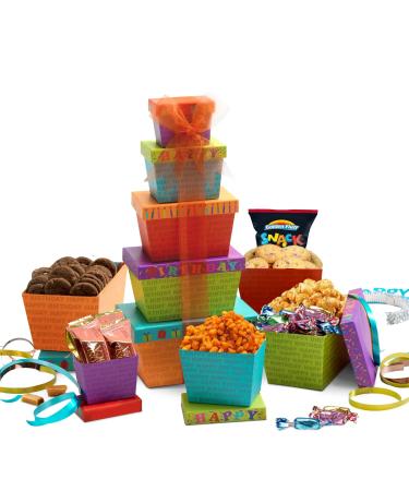 Broadway Basketeers Gourmet Food Gift Basket Tower for Birthdays  Curated Snack Box, Sweet and Savory Treats for Parties, Best Wishes, Birthday Presents for Women, Men, Mom, Dad, Her, Him, Families