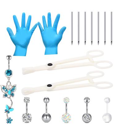 16PCS Belly Button Piercing Kit,14G Body Piercing Needles and Disposable Piercing Clamps Set for 316L Surgical Stainless Steel Silver Belly Button Ring Navel Piercing Silver-16pcs