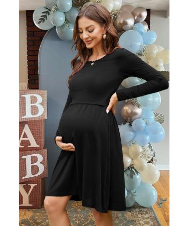 OUGES Womens V-Neck Maternity Nursing Dress with Pockets - Long/Short Sleeve Casual Floral Gown - Black - Buy Online on GoSupps.com