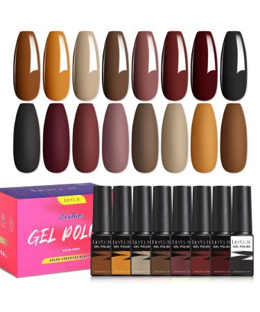 LILYCUTE Fall Gel Nail Polish Set, 8 Colors Brown Black Gel Polish Set Coffee Winter Gel Nail Polish Kit Burgundy Red Gel Polish Set Soak Off Manicure Kit for Women Girls Mellow Coffee Series