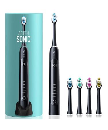 Acteh Sonic Electric Toothbrush w/ 5 Brushing Modes  2min. auto-Timer  30sec. Quad-Reminder and Long-Lasting  Extended Charge Battery Black