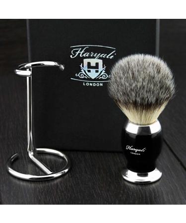 Premium Badger Hair Shaving Brush for Men - Silver Tip Black Metal Base & Stainless Steel Stand - International Shipping - Buy Online on GoSupps.com
