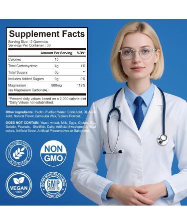 Magnesium Carbonate Gummies 500mg Sugar Free Magnesium Carbonate Supplement for Digestive Support Nerve Function Muscle & Bone Health High Absorption Formula Vegan Blueberry Flavor 60 Counts - Buy Online on GoSupps.com