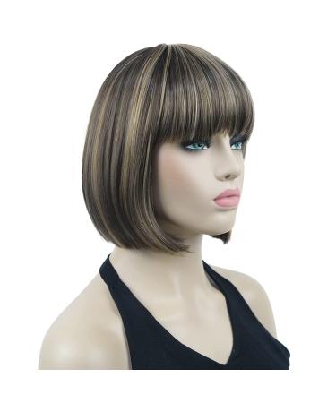 Lydell Short Bob Wig L8-124 Brown with Highlights | Heat Resistant Synthetic Hair | Cute Central Dot Skin | Flat Bangs - Buy Online on GoSupps.com