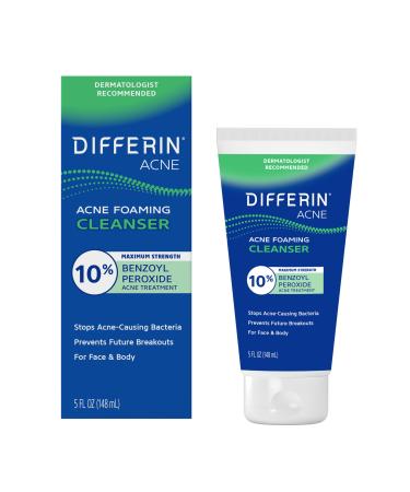 Differin Acne Face Wash with 10% Benzoyl Peroxide Maximum Strength OTC Acne Foaming Cleanser Fast Acting Acne Treatment for Face and Body 5 oz. NEW 5oz