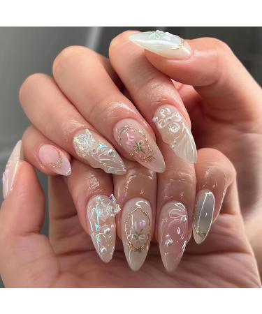 3D Handmade Press on Nails with Charms Medium Almond Fake Nails Cute French Nails Press ons Butterfly Flower Bow Stick on Nails Almond Shape Acrylic Nails Pearl Nails for Women Daily Wear design3