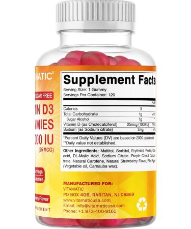 Vitamatic Sugar Free Vitamin D3 1000 IU Gummies - 120 Pectin Based Servings | Bone Health, Mood & Immune Support | Non-GMO - Buy Online on GoSupps.com