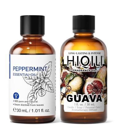 HIQILI 30ML Peppermint Essential Oil & 30ML Guava Fragrance Oil for DIY Diffuser