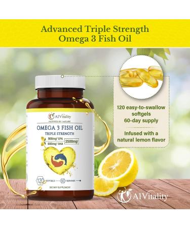 Omega 3 Triple Strength EPA DHA Supplement - 2500mg Lemon Flavored Burpless Fish Oil - High Potency 900mg EPA 600mg DHA Supports Circulation Brain Heart Eye Skin Bone & Joints - 120 Softgels - Buy Online on GoSupps.com