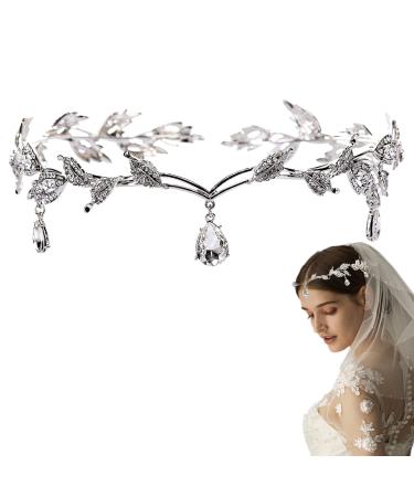 DonLeeving Elegant Rhinestone Leaf Wedding Silver Tiaras and Crowns Crystal Pendent Tiara Headband for Bride Bridesmaid Birthday Crown Cosplay Accessories for Women