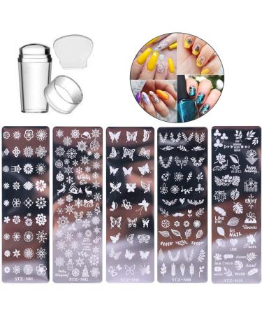 5 Pcs Nail Stamp Template Kit with 1 Stamper 1 Scraper Nail Stamping Plates for Nail Art Flower Leaf Butterflies Snowflake Nail Art Templates Nail Stamper Stencil Plates Set Manicure Nail Supplies