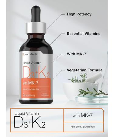 Vitamin D3 + K2 Liquid Drops with MK7 - 2 Fl Oz | Vegetarian & Non-GMO | Gluten Free | Horbaach - Buy Online on GoSupps.com