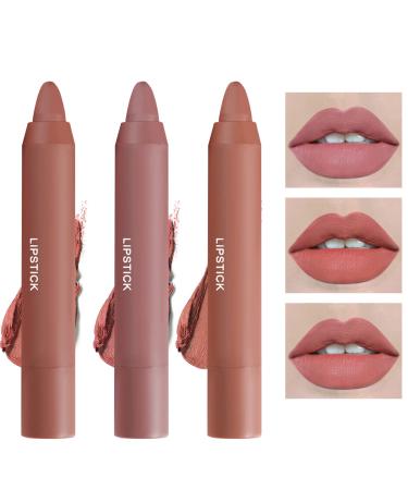 WYBLZPXZ 3Pcs Crayon Matte Lipstick Set Nude Smooth Lip Stick Waterproof Long Lasting Non-Stick Cup Moisture Nourishing Lipstick Velvet Professional Lip Crayon Matte Lip Gloss Stain Makeup Set