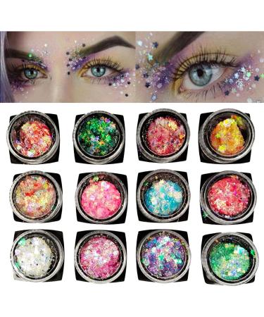 Chunky Holographic Body Glitter - 12 Color Mixed Cosmetic Sequins for Face, Eyes, Hair, Body - Festival Makeup & Nail Art - Buy Online on GoSupps.com