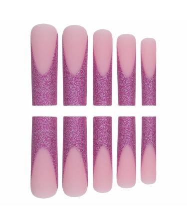 MISUD Extra Long Square Press on Nails - Matte Bling Glitter Acrylic Nails Fuchsia Sparkly Sequins French Tip Design - 24 Pcs Artificial Nails for Glamorous Looks - Buy Online on GoSupps.com