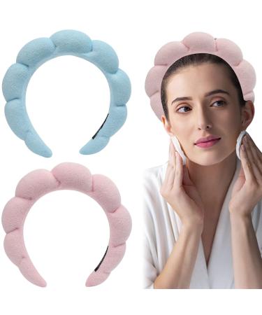 2 PCS Women Sponge Spa Headband Makeup Headband Spa Headbands Terry Towel Cloth Fabric Head Band for Skincare  Face Washing  Makeup Removal  Shower  Facial Mask  Hair Accessories 2 Colors (blue pink) blue+pink